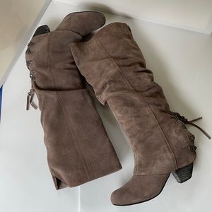 Knee high, suede w/stacked heel & lace up detail